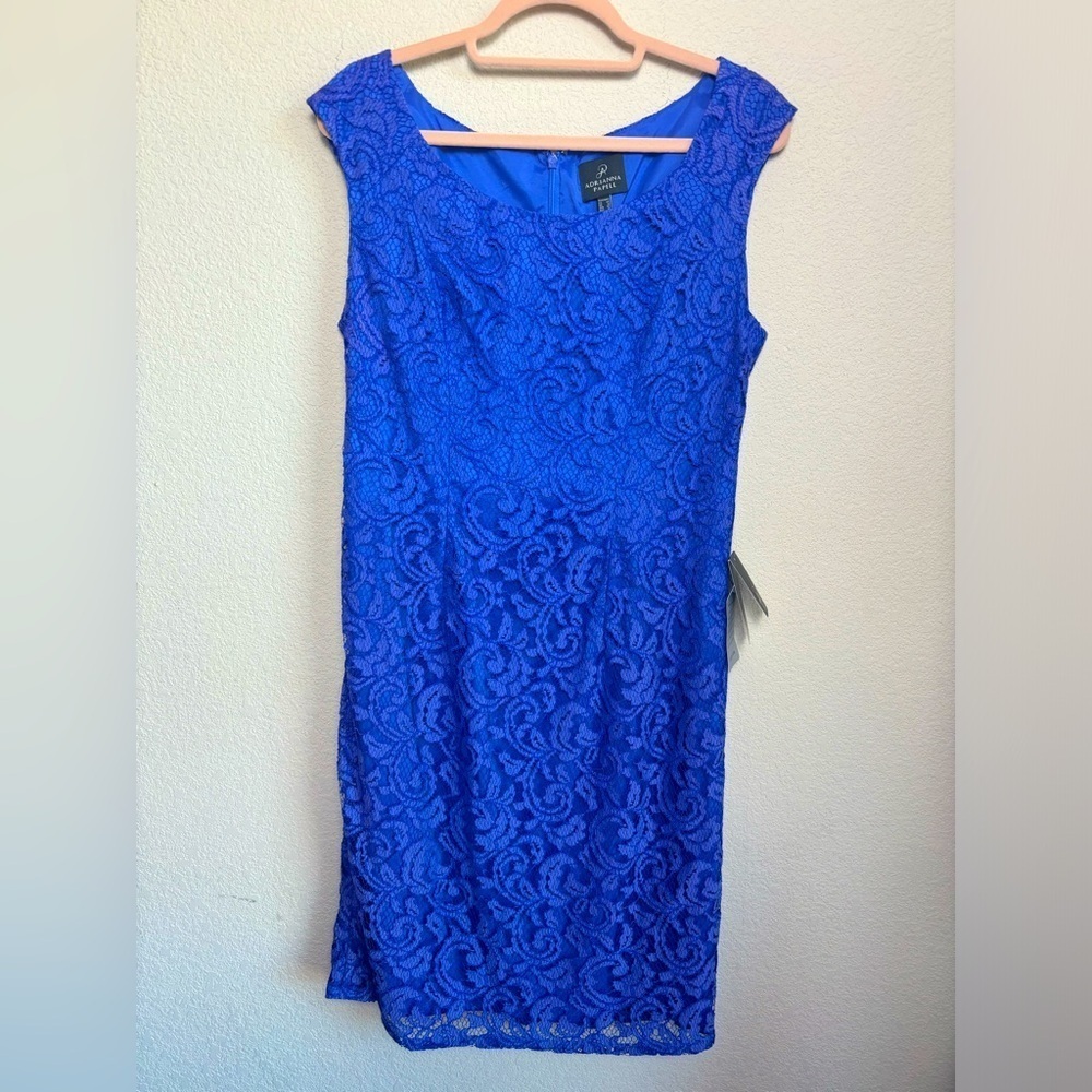 NWT Adrianna Papell Cobalt Blue Lace Overlay Knee Length Sheath Dress 12